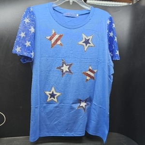 lot 6983 image: For G and PL Womens 4th of July Patriotic Sequins Shirt Short Sleeve USA Flag Red White Blue Tee. XL