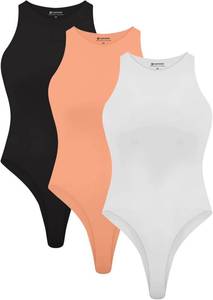 lot 7029 image: Cyanstyle 3 Piece Bodysuits for Women Sleeveless Racerback Halter Neck Double Lined Bodysuit Tank Tops Black White Peach Nectar XX-Large