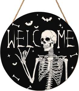 lot 7066 image: Harooni Halloween Skull Welcome Door Sign 12x12 Inch Halloween Wreaths for Front Door Spooky Skeleton Welcome Sign Rustic Wooden Holiday Decor for Front Porch Window Wall Farmhouse Indoor Outdoor