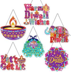 lot 7067 image: Zonon 6 Pcs Diwali Decoration Diamond Art Painting Hanging Sign Set Indian Diamond Art Adults 5d DIY Craft Acrylic Pendant Ornaments Kits Pooja Decor for Diwali Home Wall Door Window Decor