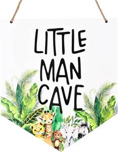 lot 7111 image: Little Man Cave Wooden Hanging Wall Sign,Safari Wood Hanging Sign for Boys Room Decoration, Woodland Nursery Room Decor for Baby Toddlers