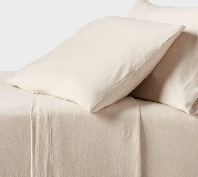 lot 9925 image: Queen Cotton Jersey Sheet Set Heather Oatmeal - Threshold, 100% Cotton, Machine Washable