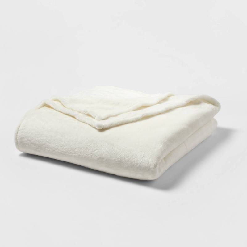lot 1398 image: FullQueen Microplush Bed Blanket Sour Cream - Threshold Midweight, Solid White, Modern Style, Double-Turned Hems - Retail $65
