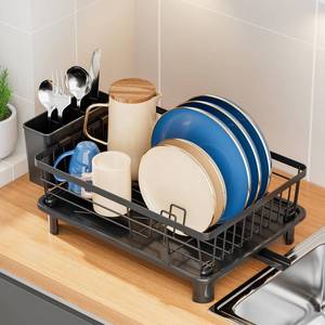 lot 1791 image: Dish Drying Rack, Stainless Steel Dish Racks for Kitchen Counter, Sink Organization and Storage Essentials, Kitchen Organizer for Forks, Spoons Dishes,Cup and Bottle (Black, 14.9611.026.69) - Retail $27
