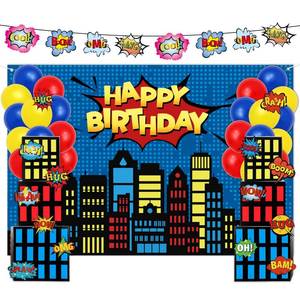 lot 1795 image: FYSUIMU Super Theme Hero Birthday Party Decorations Set Photography Backdrop Skyscraper City  - Retail $29