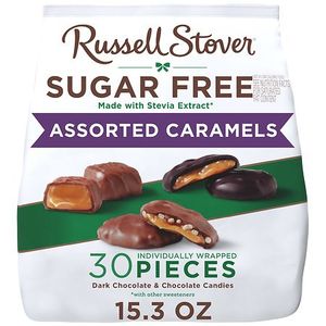 lot 2191 image: BB 1.1.27Russell Stover Sugar Free Assorted Caramels in Chocolate Candy Bag - 15.3oz - Retail $20