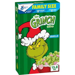 lot 2749 image: The Grinch Cereal  Sweetened Vanilla Corn Puffs with Marshmallows  Family Size  15.8 oz BB 8.16.26
