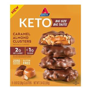 lot 3800 image: Atkins Gluten Free Keto Caramel Almond Clusters Whey Protein Value Pack - 7.34oz8ct BB 5.21.26