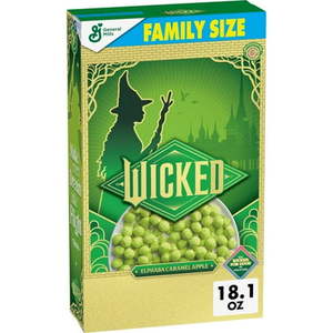 lot 4596 image: Wicked Cereal  Elphaba Caramel Apple Flavored  Family Size  18.1 oz