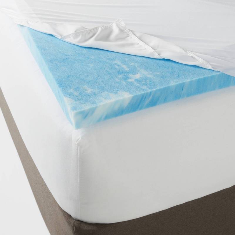 lot 1422 image: Queen 2 Cool Touch Memory Foam Mattress Topper - Threshold CertiPUR-US, Moisture-Wicking, Machine Washable Cover - Retail $110