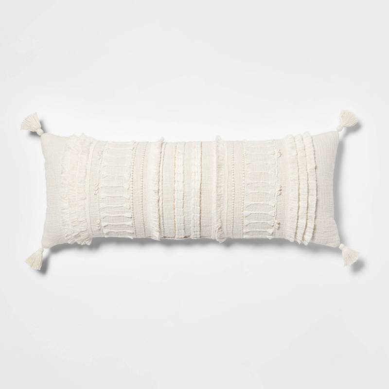 lot 1566 image: Oversized Oblong Woven Knotted Fringe Decorative Throw Pillow Natural - Threshold Cotton, Indoor Rectangle Accent Pillow - Retail $35