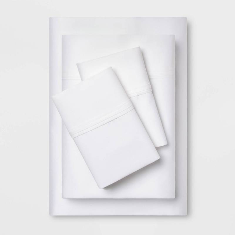 lot 9401 image: Full Solid Performance 400 Thread Count Sheet Set White - Threshold Cotton Sateen, Wrinkle-Resistant, OEKO-TEX Certified - Retail $85
