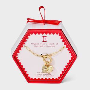 lot 4074 image: 14K Gold Dipped Cubic Zirconia Valentines Puffy Heart Charm E Initial Necklace - A New Day Gold