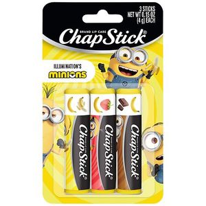 lot 4147 image: Chapstick Minions Variety Pack Lip Balms Paraben-Free, Kevin, Stuart & Bob Designs, Chocolate, Berry & Banana Flavors