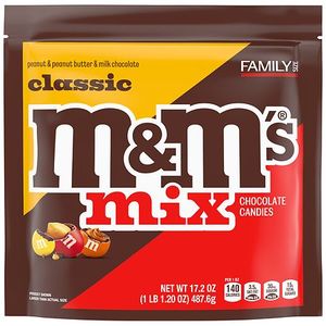 lot 5756 image: M&MS Milk Chocolate, Peanut, And Peanut Butter Classic Chocolate Assortment Family Size Candy Mix Bag - 17.2oz