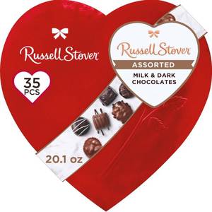 lot 5907 image: Russell Stover Valentines Day Red Foil Heart Assorted Milk & Dark Chocolate Candy Gift Box - 20.1oz