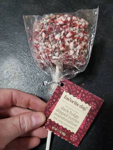 lot 6488 image: 3pk Favorite Day Dark Fudge Dipped Jumbo Marshmallow Candy Cane Lollipops