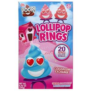 lot 7074 image: Oh Poop Valentines Classroom Exchange Lollipop Rings Candies - 8.46oz20ct