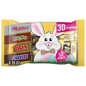 lot 8321 image: Mars Snickers, Twix, Milky Way & 3 Musketeers Minis Milk Chocolate Candy Bars Easter Egg Hunts - 8.59oz30ct