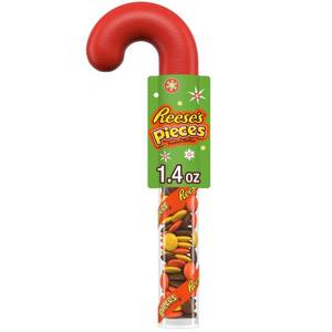 lot 8337 image: 5pk Reeses Pieces Peanut Butter Filled Plastic Cane Christmas Candy - 1.4oz