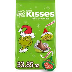 lot 8620 image: 3pk HERSHEYS KISSES Christmas Candy Milk Chocolate Grinch Foils Bulk Bag - 33.85oz
