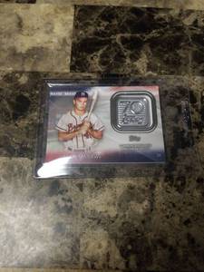 lot 823 image: 2021 Topps 70th Anniversary Logo Patch Eddie Mathews Milwaukee Brewers Baseball Card