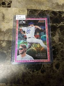 lot 883 image: 2019 Panini Donruss Baseball Pink Fireworks Clayton Kershaw Los Angeles Dodgers Baseball Card