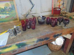 lot 4621 image: Red Ball Pitcher and Tumblers - Will Need Cleaned