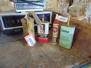 lot 4652 image: Vintage Oil Tins and Brass Oiler