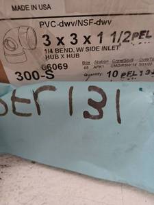 lot 13913 image: PVC Pipe Elbow Fitting 3x3x1.5 Inch with Side Inlet Hub Connection