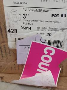 lot 13928 image: Charlotte 3 Inch PVC Double Sanitary Tee Cross Hub Fitting