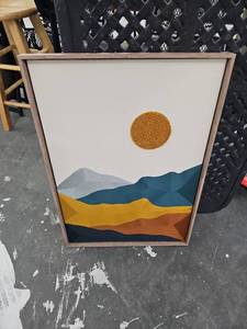 lot 20889 image: Framed Abstract Mountain Landscape with Textured Sun Canvas Art