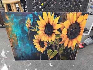 lot 20894 image: Sunflower Canvas Wall Art with Abstract Blue Background