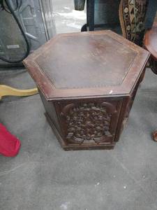 lot 20983 image: vintage carved wood octagon end table