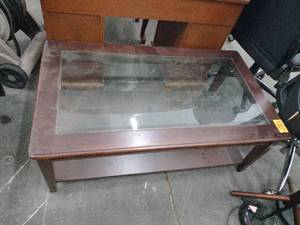 lot 20993 image: Wood Frame Glass Top Coffee Table with Storage Shelf