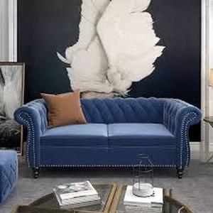 lot 20885 image: Blue Velvet Chesterfield Tufted Loveseat with Nailhead Trim