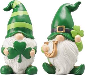 lot 7379 image: Newman House Studio St Patricks Day Decorations Gnome D cor - 2Pc Resin Gnome Figurines with Green Shamrock Horseshoe Modern Farmhouse D cor for Tabletop Home D cor
