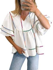 lot 7387 image: Womens Babydoll Tops Summer Short Puff Sleeve Notch V Neck Boho Shirts Loose Peplum Flowy Blouses Size Medium