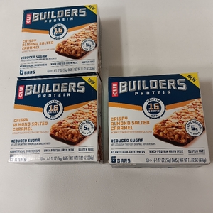 lot 7443 image: 3 Boxes CLIF BUILDERS Protein Bars Crispy Almond Salted Caramel, Reduced Sugar, Gluten Free, 6ct