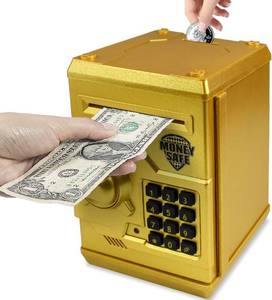 lot 7453 image: Mini ATM Piggy Bank ATM Machine Best Gift for Kids,Electronic Code Piggy Bank Money Counter Safe Box Coin Bank for Boys Girls Password Lock Case (Gold)