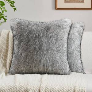 lot 7458 image: FUTEI Pack of 2 Faux Raccoon Fur Plush Throw Pillow Covers 18x18 Inch Soft Fluffy Farmhouse Decorative Cushion Case Modern Luxury Accent for Couch Bed Living Room, Beige Gray