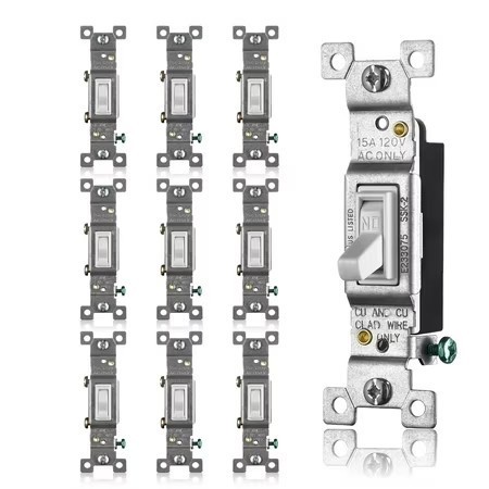lot 3656 image: Faith White Toggle Light Switch, Single Pole Standard Wall Switch, 15 Amp Switch Toggle, Grounding Screw, 120V, 10 Pack