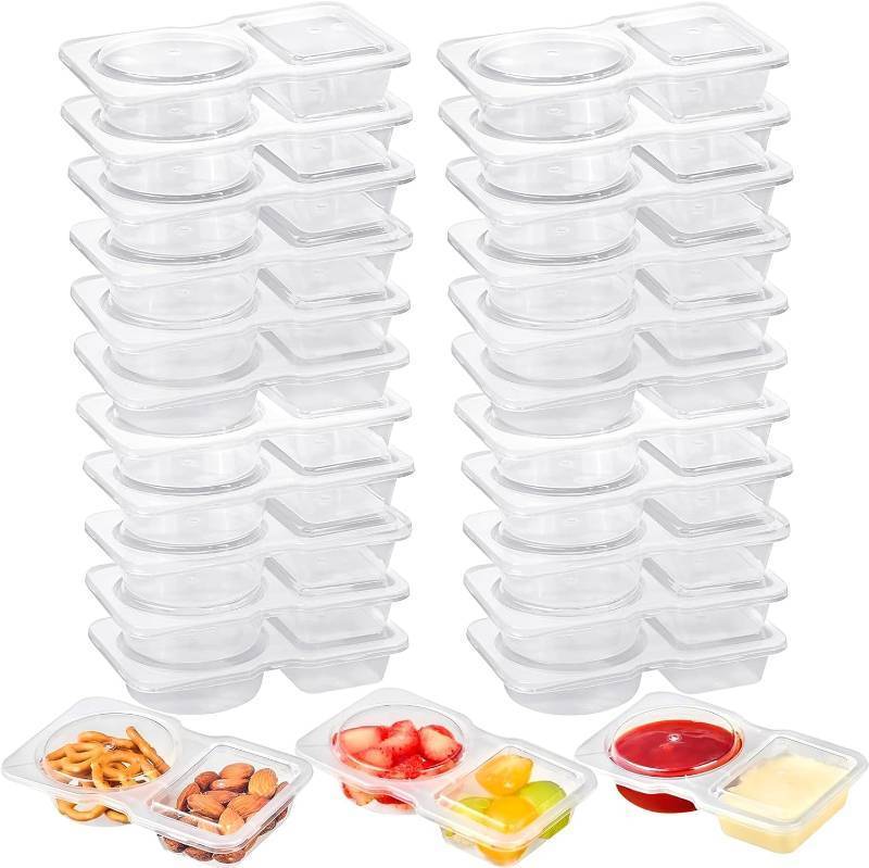 lot 3725 image: Reusable Snack Containers with Lids, 25 Set Plastic Snack Pack Containers, Double Compartment Sauce Container, Condiment Snackle Box for Meal Prep, Office, School, Travel, Camping