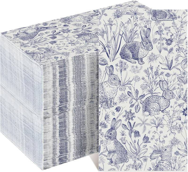 lot 3727 image: Janlaugh 100 Pcs Blue White Easter Napkins Chinoiserie Bunny Napkin for Decoupage Easter Paper Disposable Tableware Retro French Country Toile De Jouy Party Supplies for Guest Luncheon Dinner Supplies