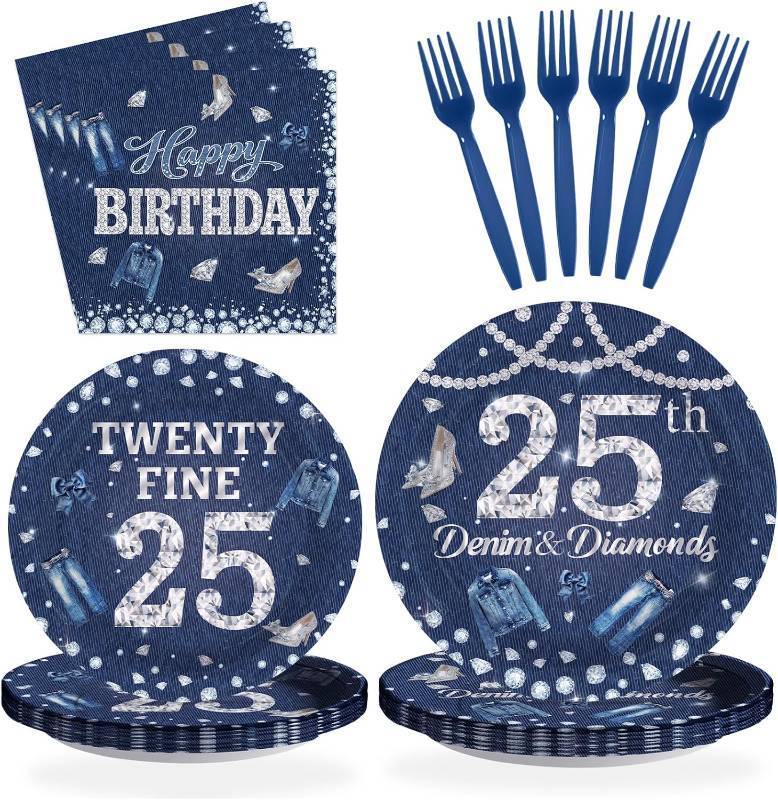 lot 3424 image: 96Pcs 25th Birthday Party Decorations Denim and Diamonds Theme 25 Years Old Plates and Napkins Disposable Tableware Set for 25th Birthday Men Women Adult Cowboy Bachelor Party Supplies, Serves 24