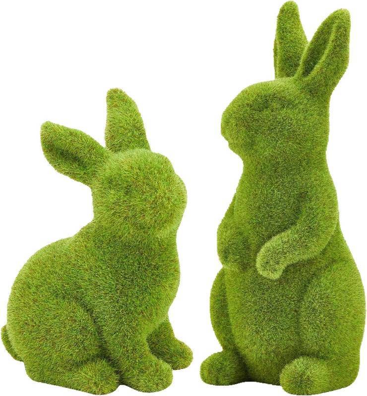 lot 3491 image: Easter Bunny Decor, 2pcs Flocked Bunny Moss Bunnies Spring Decor Resin Rabbit Figurines for Table Desk Easter Decorations (Large 2pcs)