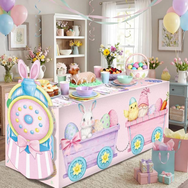 lot 4051 image: Oudain 2 Pcs Easter Table Tablecloth Decorations Bunny Train Table Cloth Decoration with Pastel Rabbit Eggs Gnomes Easter Party Favor for Picnic Dinner Outdoor Decorations Decor