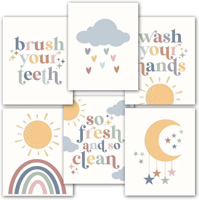 lot 4100 image: Hadley Designs 6 Reversible 8x10 Kids Boho Bathroom Wall Art Prints for Boys and Girls - Unframed Bathroom Decor and Rules Signs, Playful Washroom Artwork for Kids
