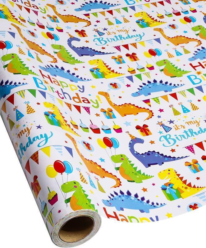 lot 4384 image: Dinosaurs Wrapping Paper Roll 17 inch X 10 ft Mini Roll Happy Birthday Wrapping Paper Rolls for Boys Girls Kids Cute Colorful Dino Gift Wrap Paper for Bday,Party,Holiday,Baby Showers,Christmas