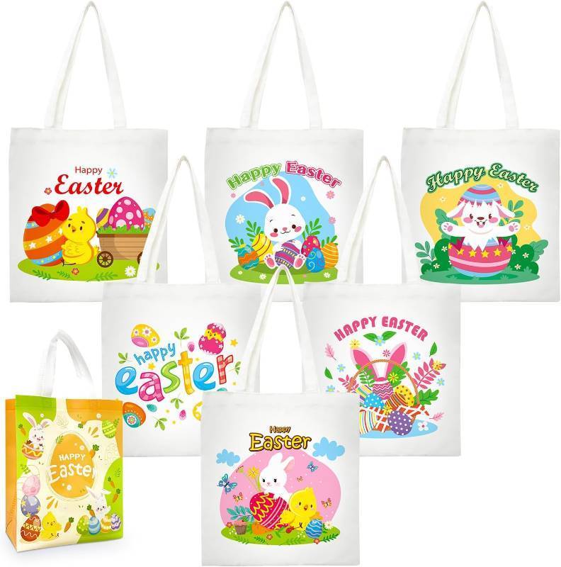 lot 4482 image: PARSUP 6PCS Easter Bunny Basket Bags for Kids Canvas Tote Bags With 1PC Cute Easter Non-woven Bag for Egg Hunt Carrying Gift Container with Handle, Bunny Chick Egg Cute Pattern Canvas Bucket Tote